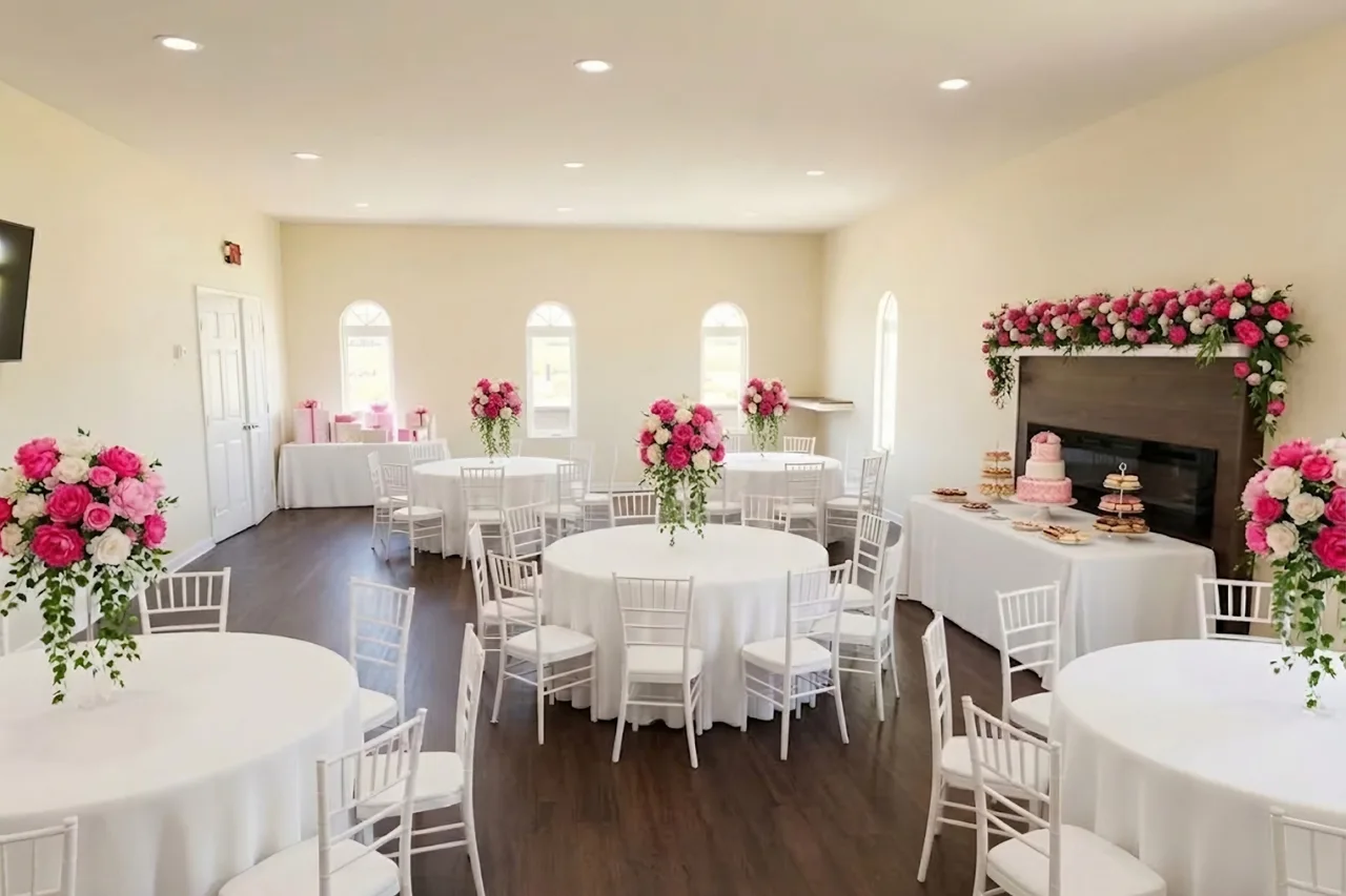 Styled concept: The Fireside Room set for a shower, with round tables in white linens, tall pink and white floral centerpieces, and a dessert table with a pink tiered cake under a floral garland on the fireplace mantel