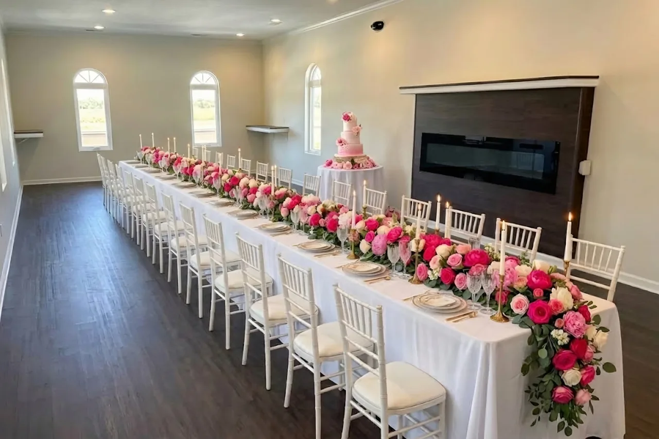 Styled concept: The Fireside Room set for a milestone dinner, with a long table in white linen, a runner of pink and white roses and peonies, taper candles, and a pink tiered cake by the fireplace wall