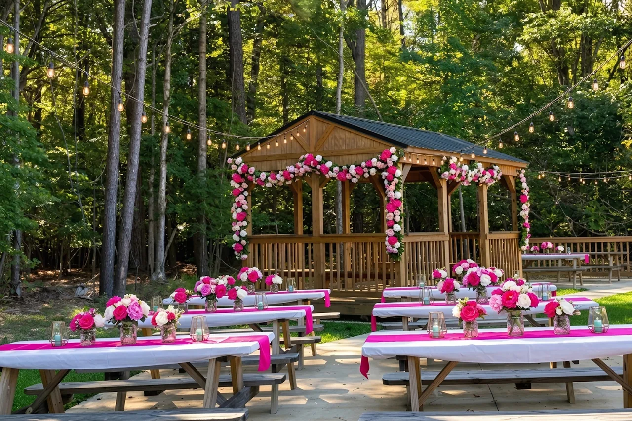 Styled concept: the picnic tables in The Pine Garden dressed in white with bright pink runners, lanterns, and jars of pink and white roses, with rose garlands on the gazebo and string lights above