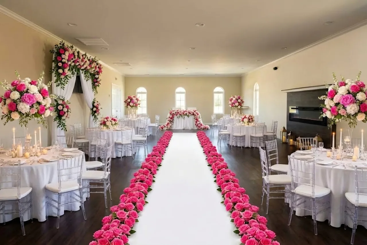 Styled concept: The Fireside Room set for a reception, with round tables in white linens, clear chairs, tall pink and white rose centerpieces, and a white aisle lined with pink roses leading to a sweetheart table under the arched windows