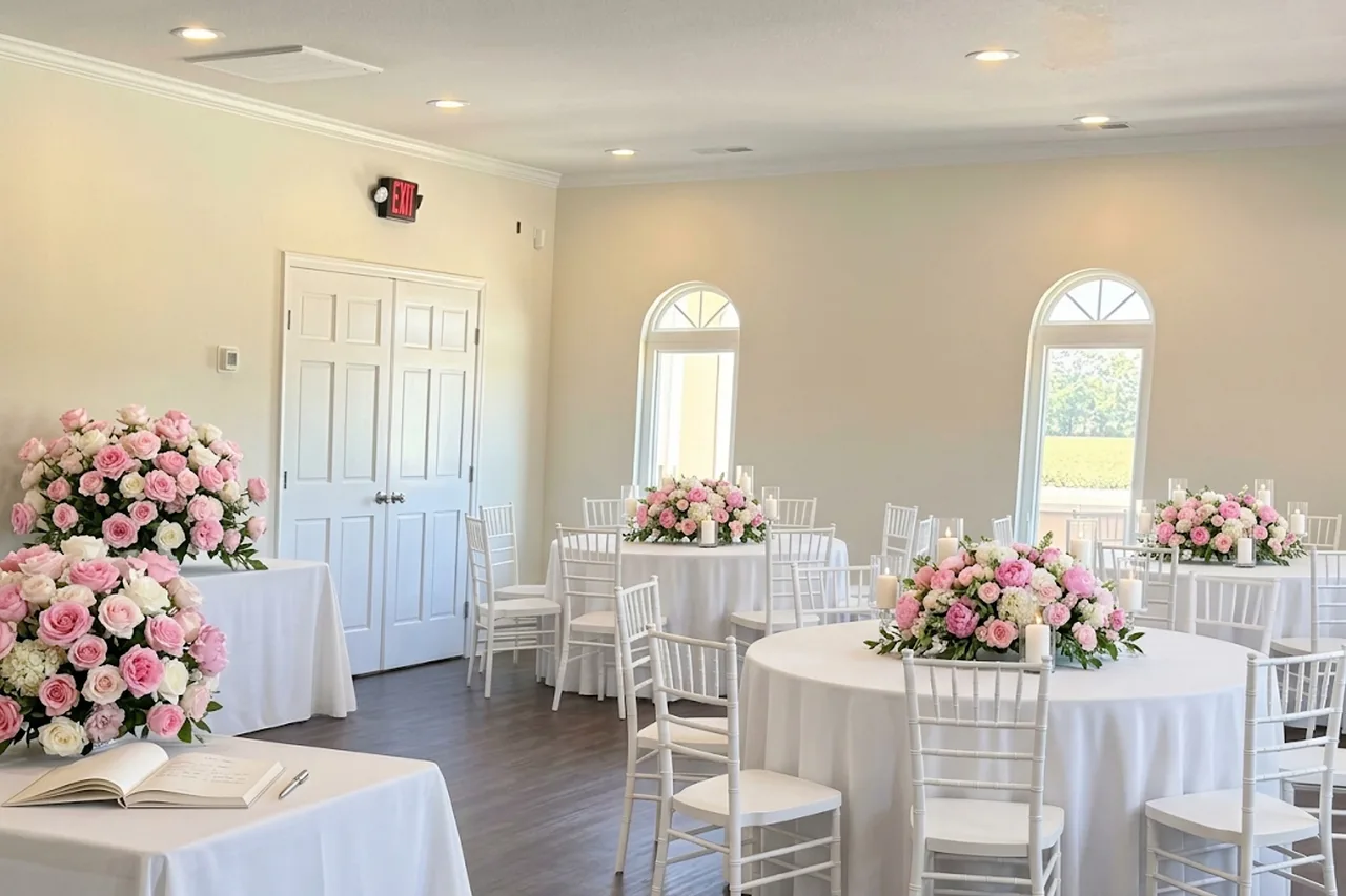 Styled concept: The Fireside Room set for a repast, with round tables in white linens, soft pink and white rose centerpieces with candles, and a guest book table by the double doors