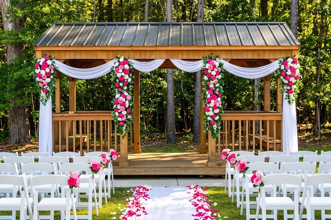 Styled concept: white chairs on the lawn facing the timber gazebo in The Pine Garden, with a white aisle runner edged in pink and white rose petals and pink and white rose garlands and white drapes on the gazebo