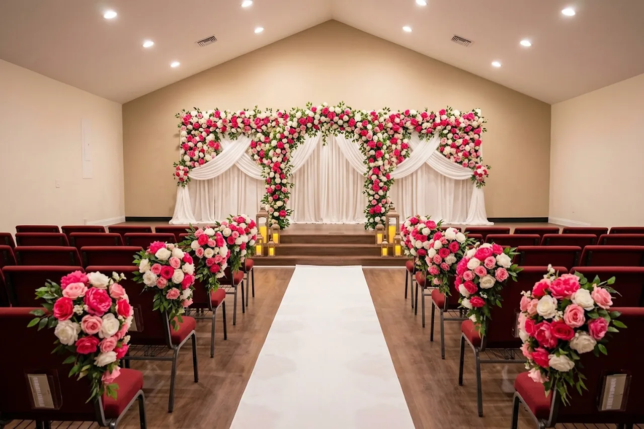 Styled concept: a wedding ceremony in The Stage Hall, with a white aisle runner between the rows of red chairs, pink and white roses on every row end, and a pink and white floral backdrop and arch on the stage